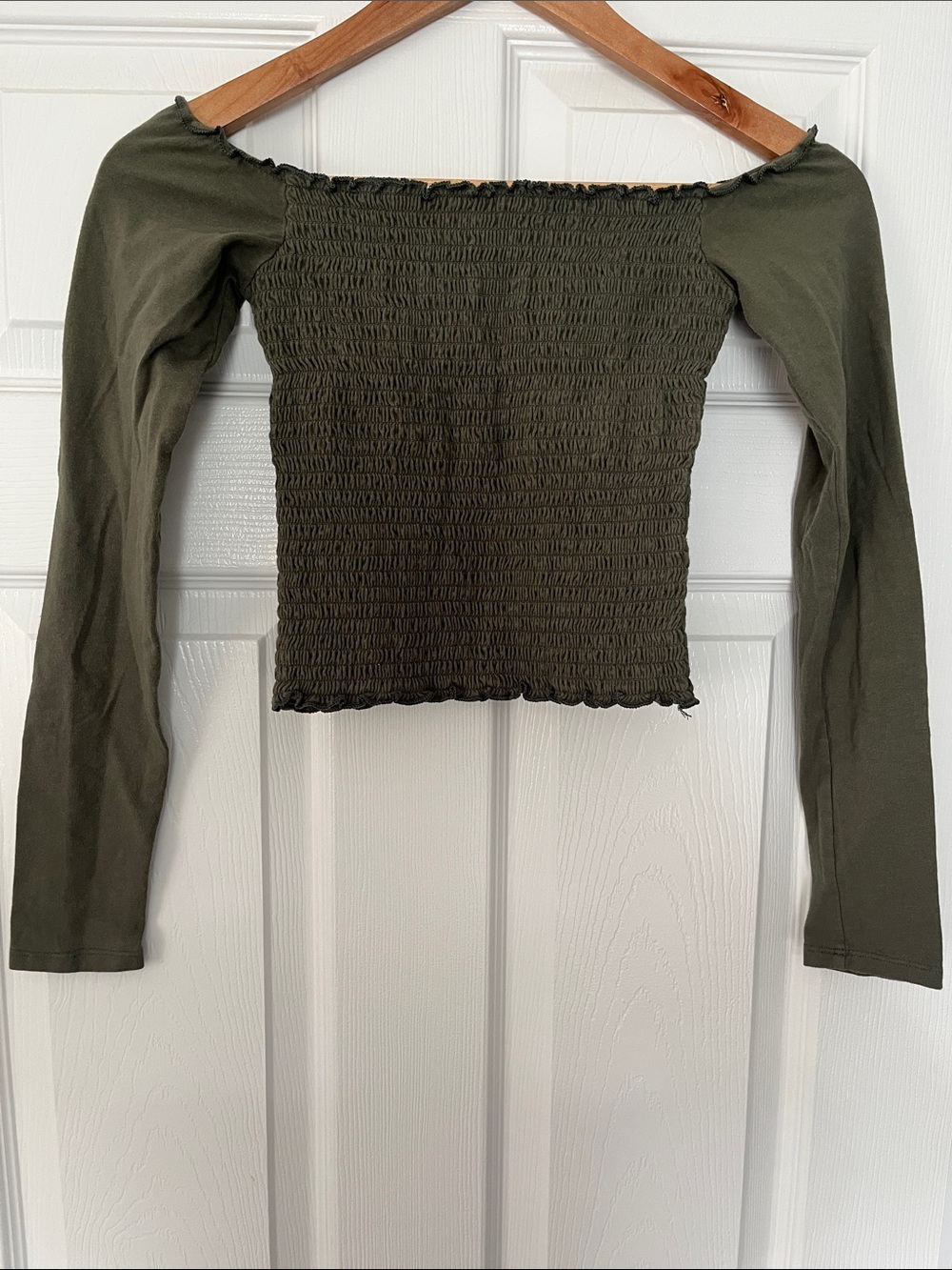 Hollister Olive Green Smocked Off-Shoulder Crop Top